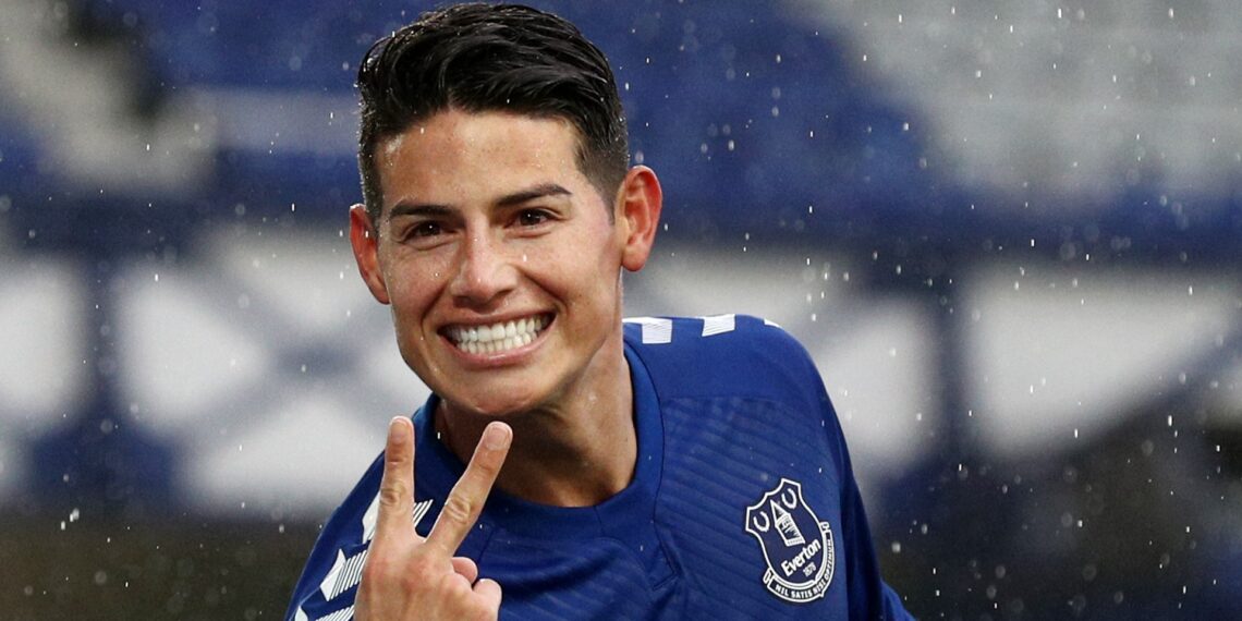 LIVERPOOL, ENGLAND - OCTOBER 03: James Rodriguez of Everton celebrates after scoring his team's fourth goal during the Premier League match between Everton and Brighton & Hove Albion at Goodison Park on October 03, 2020 in Liverpool, England. Sporting stadiums around the UK remain under strict restrictions due to the Coronavirus Pandemic as Government social distancing laws prohibit fans inside venues resulting in games being played behind closed doors. (Photo by Jan Kruger/Getty Images)