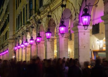 Holy week with purple lanterns on Liston Square, Corfu, Greece