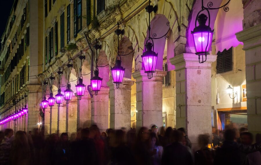 Holy week with purple lanterns on Liston Square, Corfu, Greece