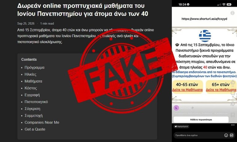Ιόνιο Πανεπιστήμιο: Ψευδή μηνύματα περί διαδικτυακών μαθημάτων σε ηλικιωμένους